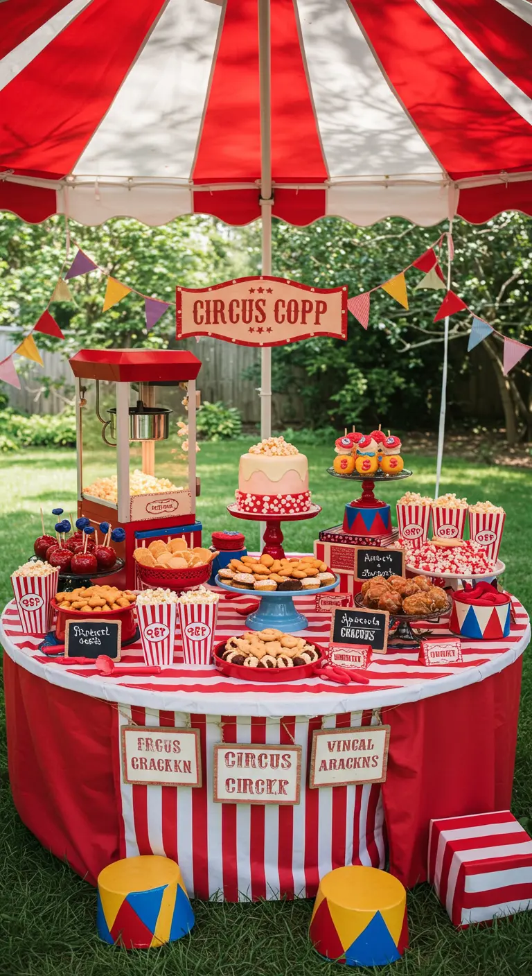 Zirkus-Buffet unter einem rot-weißen Zeltdach, mit Popcornmaschine und Vintage-Schildern