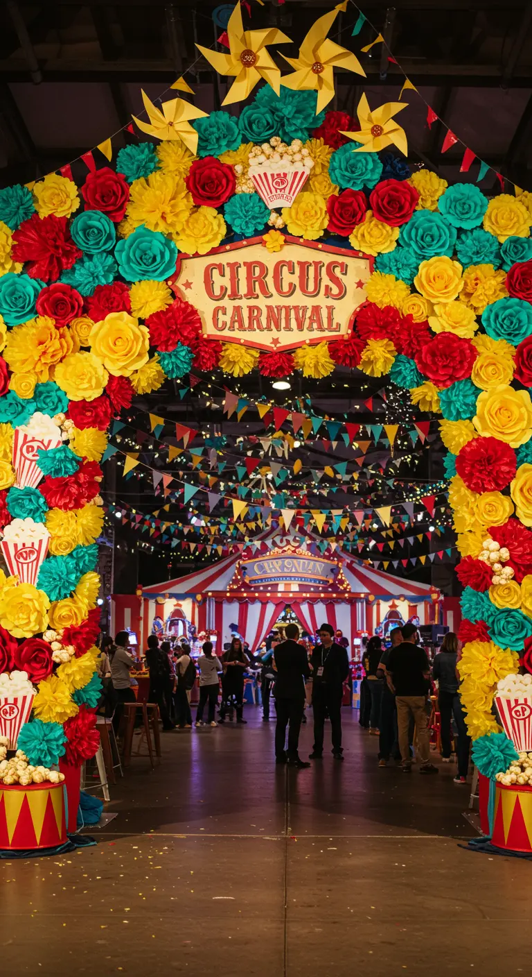 Farbenfroher Zirkus-Eingangsbogen mit roten, gelben und türkisfarbenen Papierblumen.