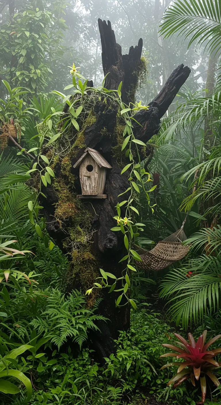 Moosbewachsener Baumstumpf mit Vogelhaus und Orchideen in einem tropischen Garten.