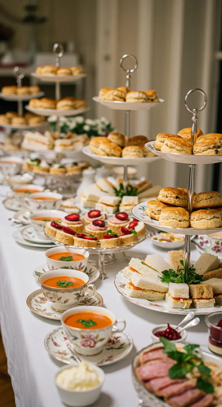 Buffet mit Scones, Sandwiches und Tomatensuppe, serviert in floralen Teetassen.