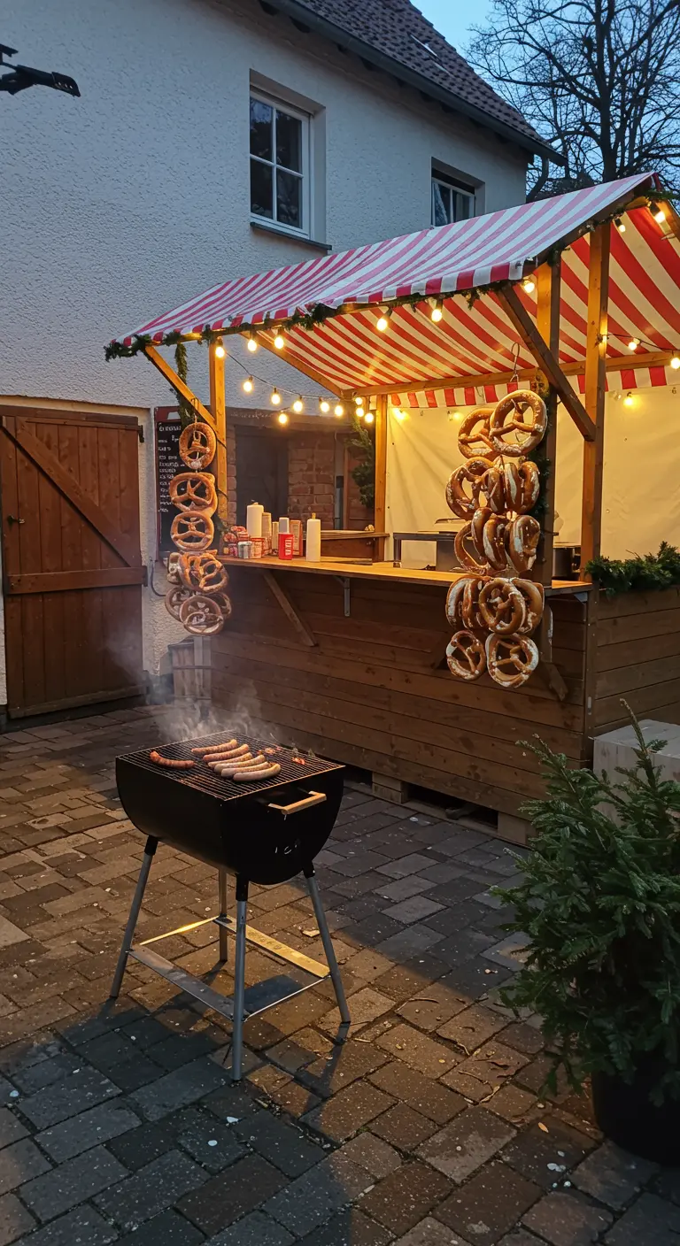 Ein Weihnachtsmarktstand mit Grill, an dem Würstchen brutzeln und Brezeln hängen.