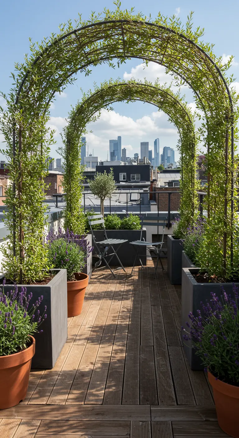 Zwei grüne Bögen auf einer urbanen Dachterrasse mit Blick auf eine Skyline.