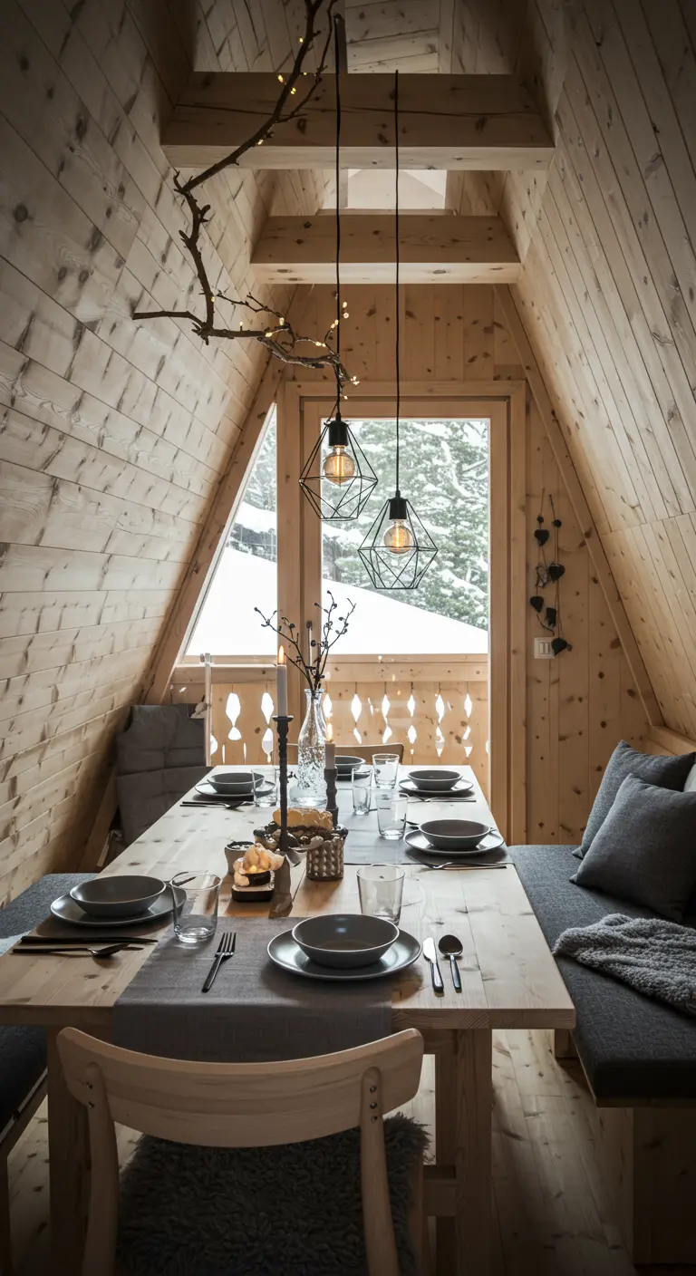 Essbereich in einer Holzhütte mit einer Lampe aus einem beleuchteten Ast.