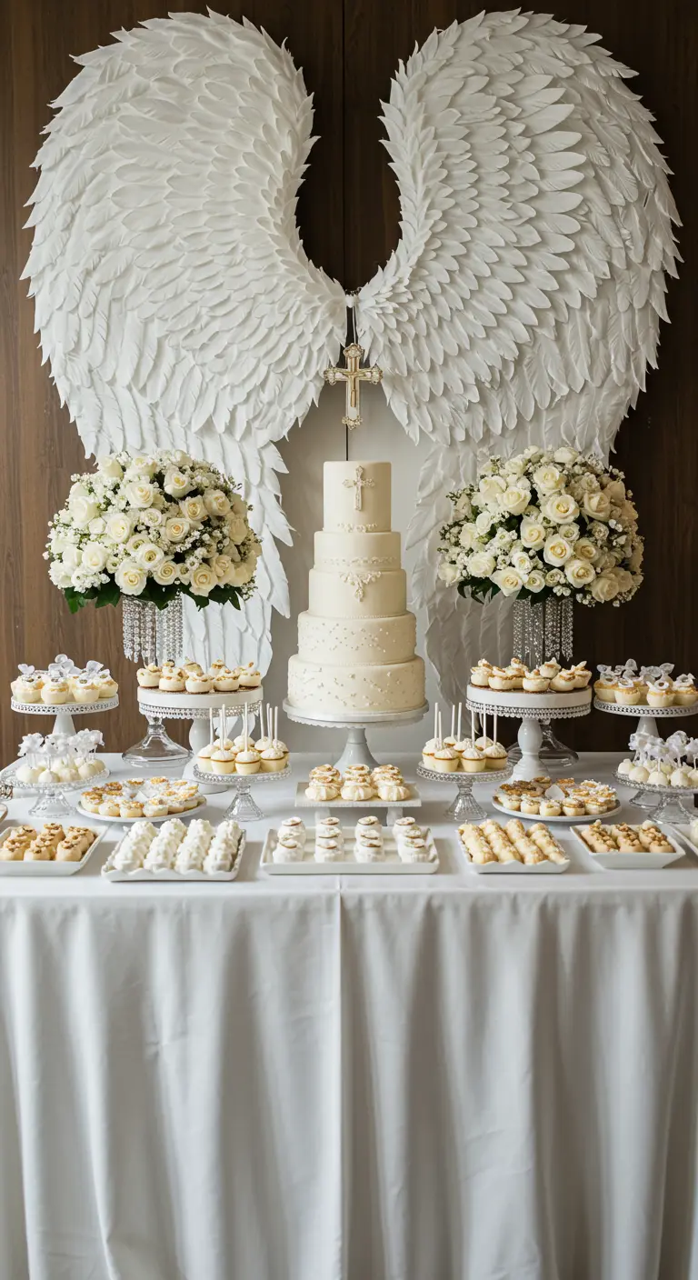 Eleganter weißer Sweet Table mit einer mehrstöckigen Torte vor riesigen weißen Engelsflügeln.