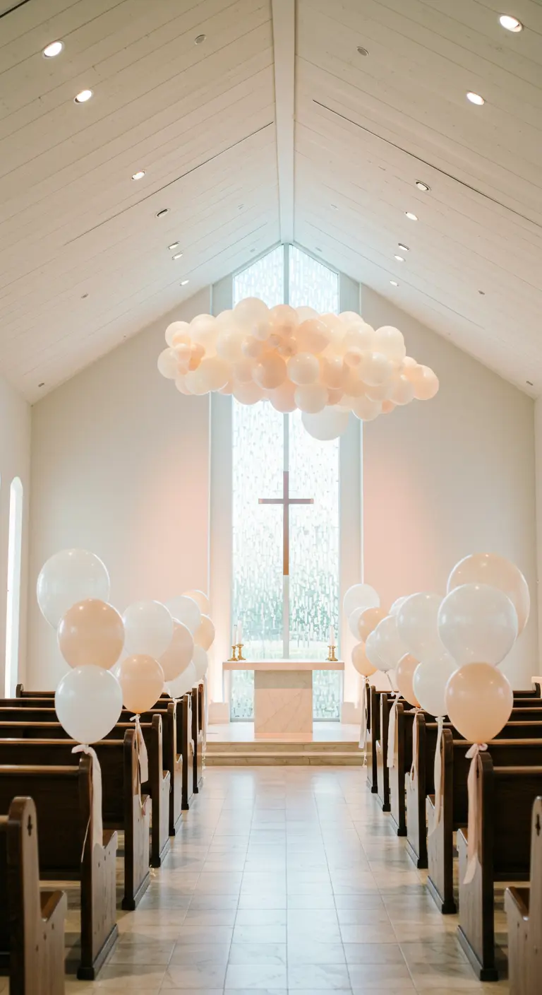 Schwebende Ballonwolke und Ballons an den Kirchenbänken in einer modernen Kapelle