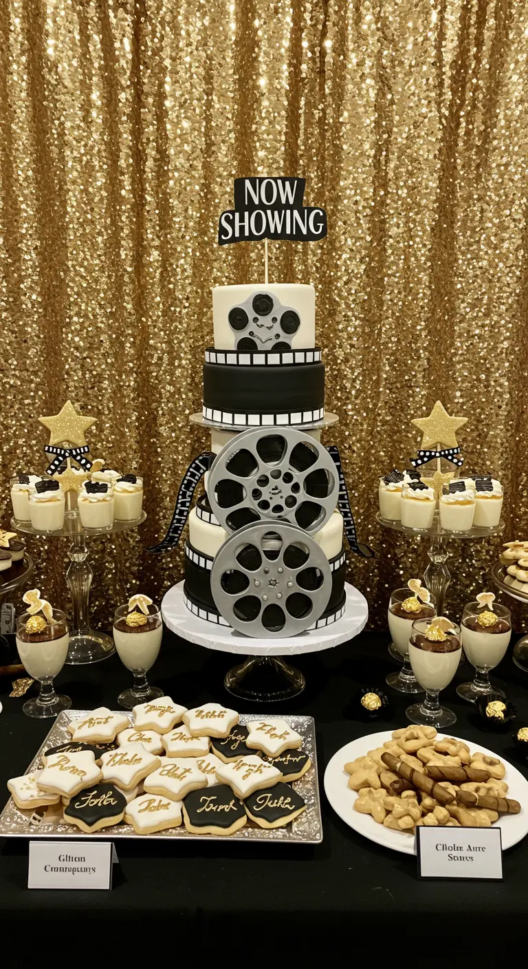 Torte im Filmrollen-Design vor einem goldenen Paillettenvorhang.