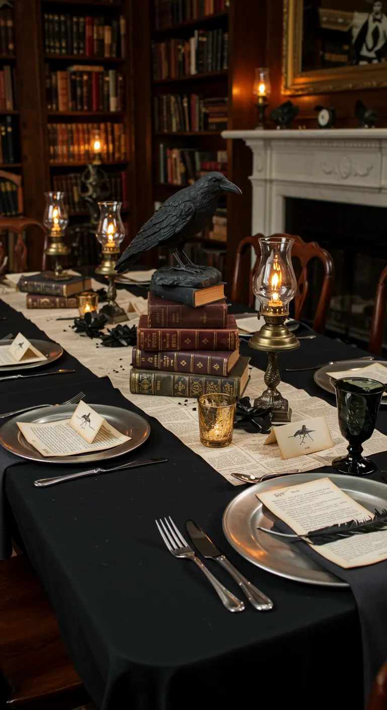 Tischdekoration mit einem Raben auf einem Stapel alter Bücher und Manuskript-Seiten.