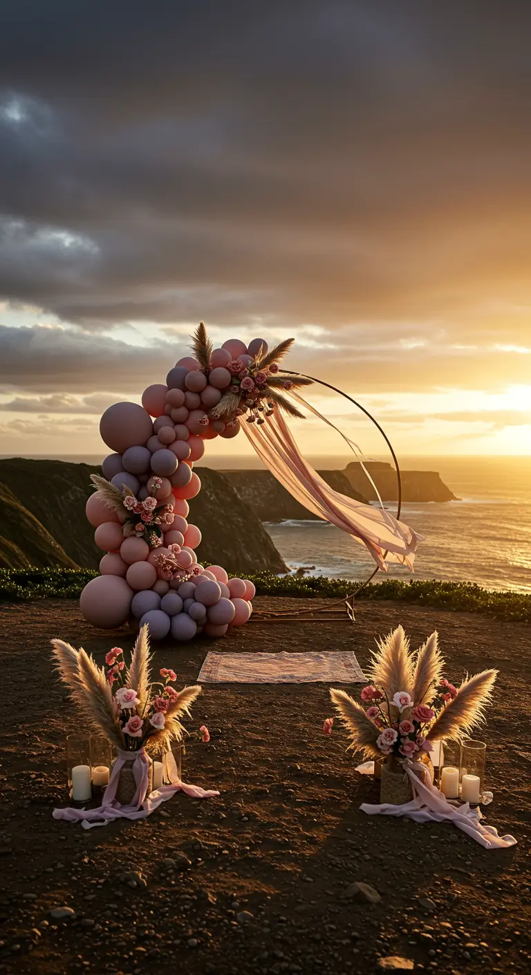 Ballonbogen in Pastelltönen an einer Klippe bei Sonnenuntergang