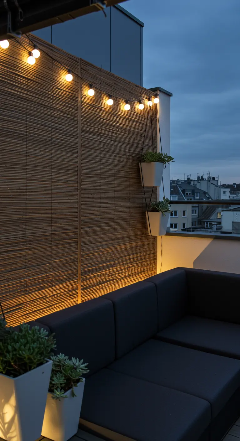 Dachterrasse mit horizontal verlegtem Bambus-Sichtschutz und einer Lichterkette entlang der Oberkante.