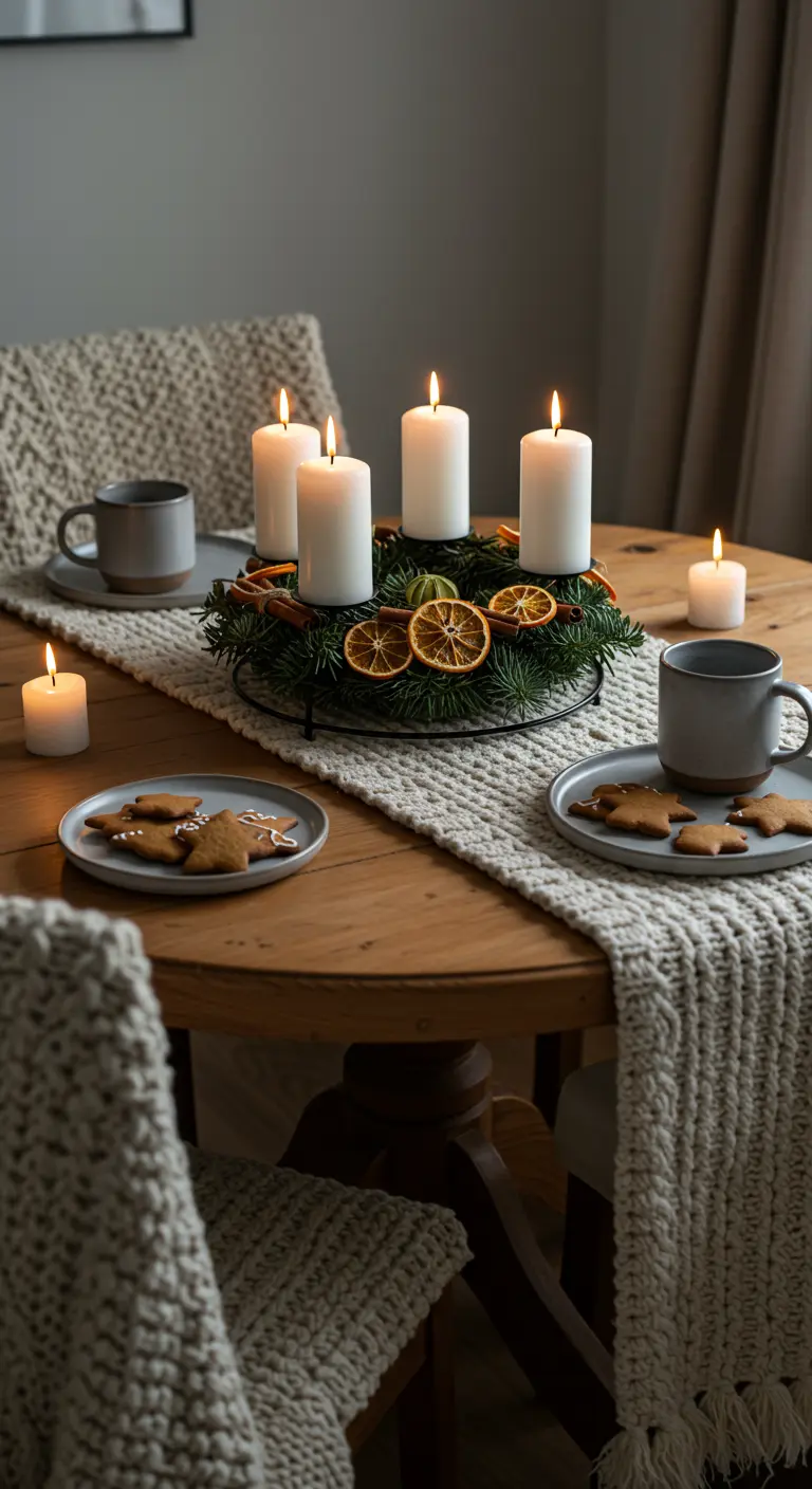 Gemütlicher Adventskranz mit Orangenscheiben auf einem Holztisch mit Strickläufer.