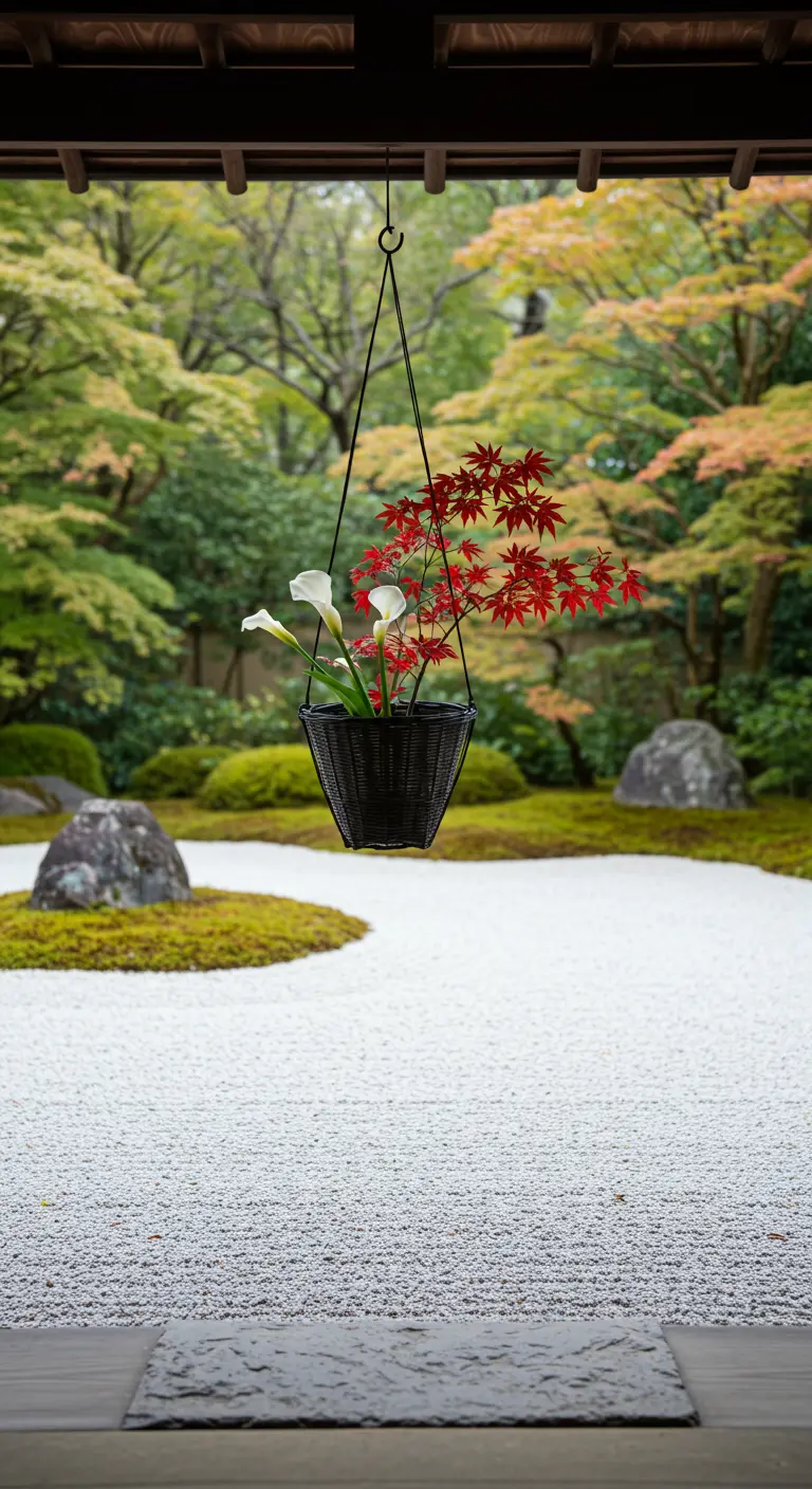 Ein schwarzer Weidenkorb mit rotem Ahorn und weißen Calla-Lilien in einem japanischen Zen-Garten.