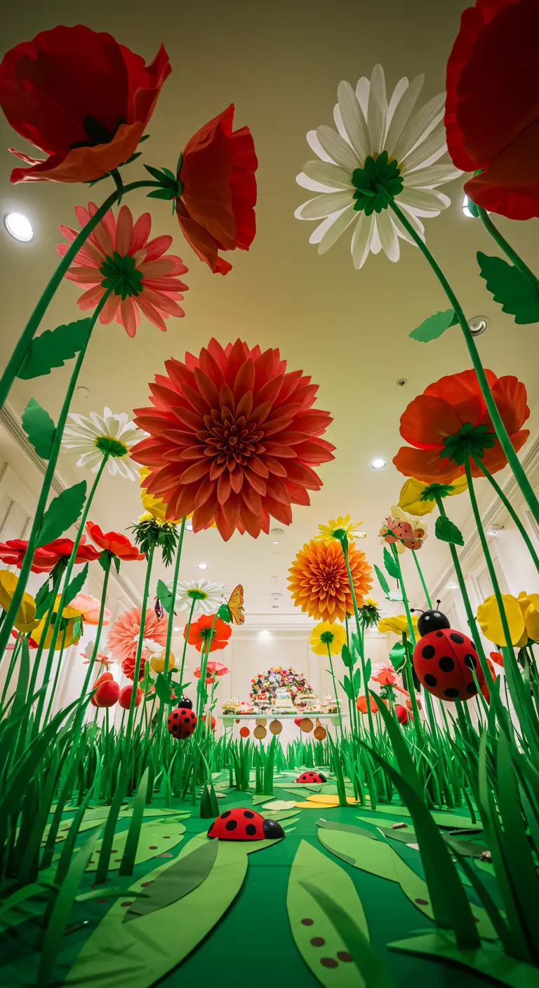 Blick aus der Froschperspektive auf riesige Papierblumen mit langen Stielen in einem Raum.