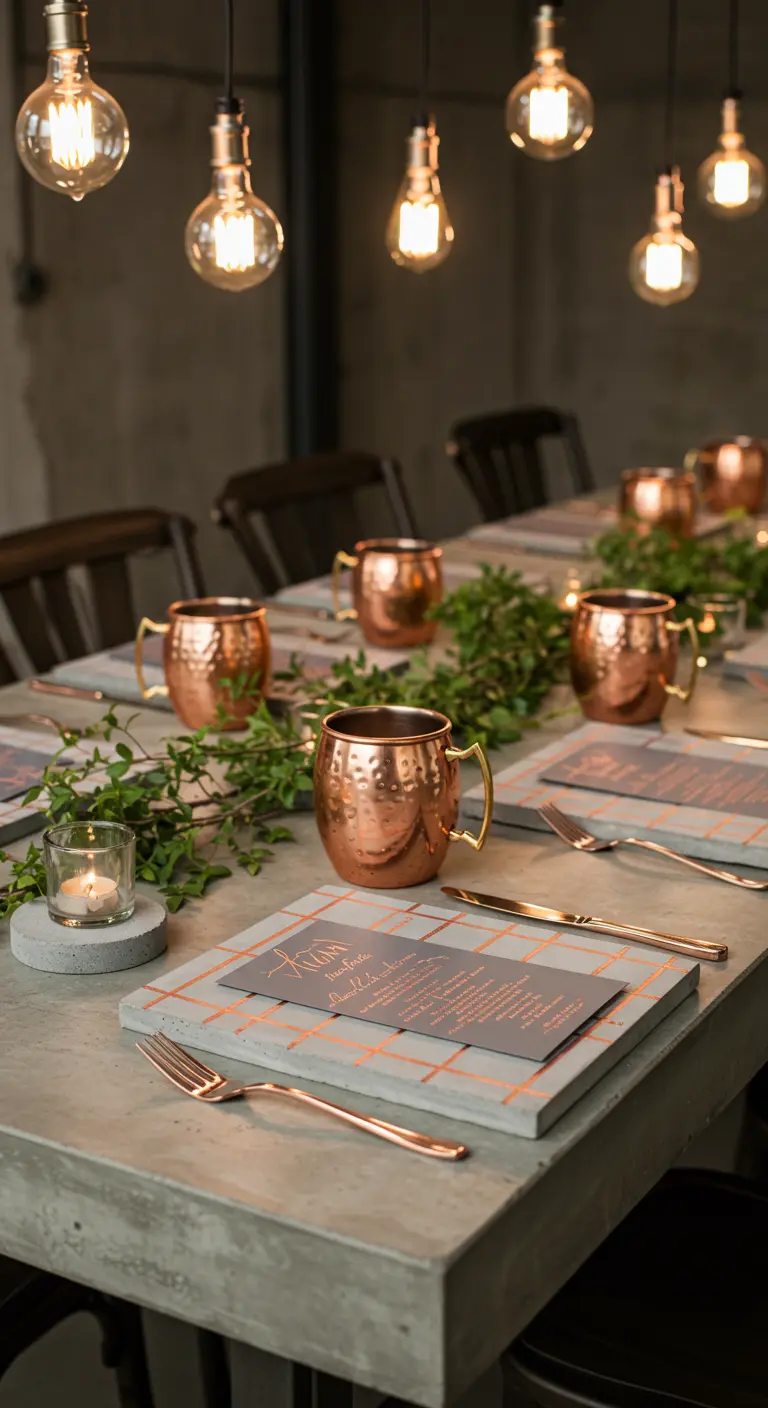 Tischdeko im Industrial-Stil mit Beton-Tischsets und Kupfer-Details.