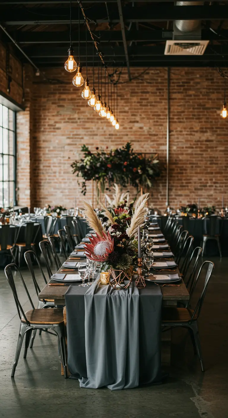 Langer Holztisch mit grauem Läufer und einem Gesteck aus Protea und Pampasgras in einer Industriehalle