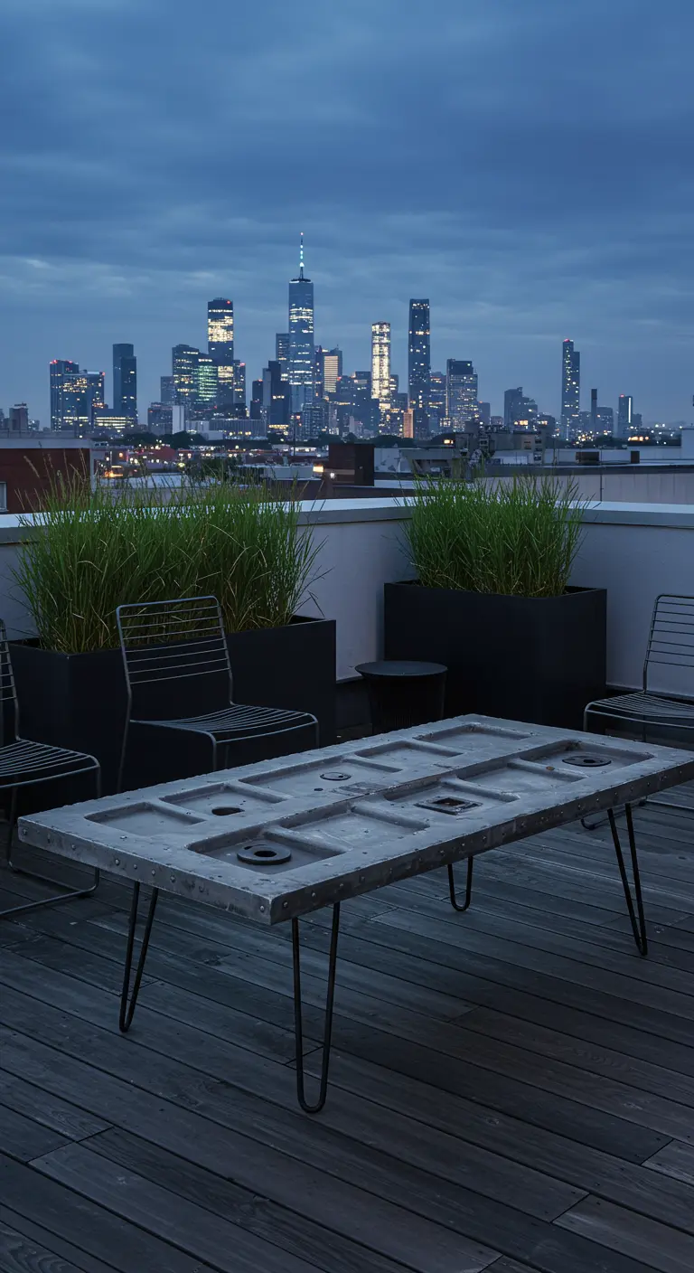 Tisch aus einer alten Metalltür mit Haarnadelbeinen auf einer Dachterrasse mit Stadtblick.
