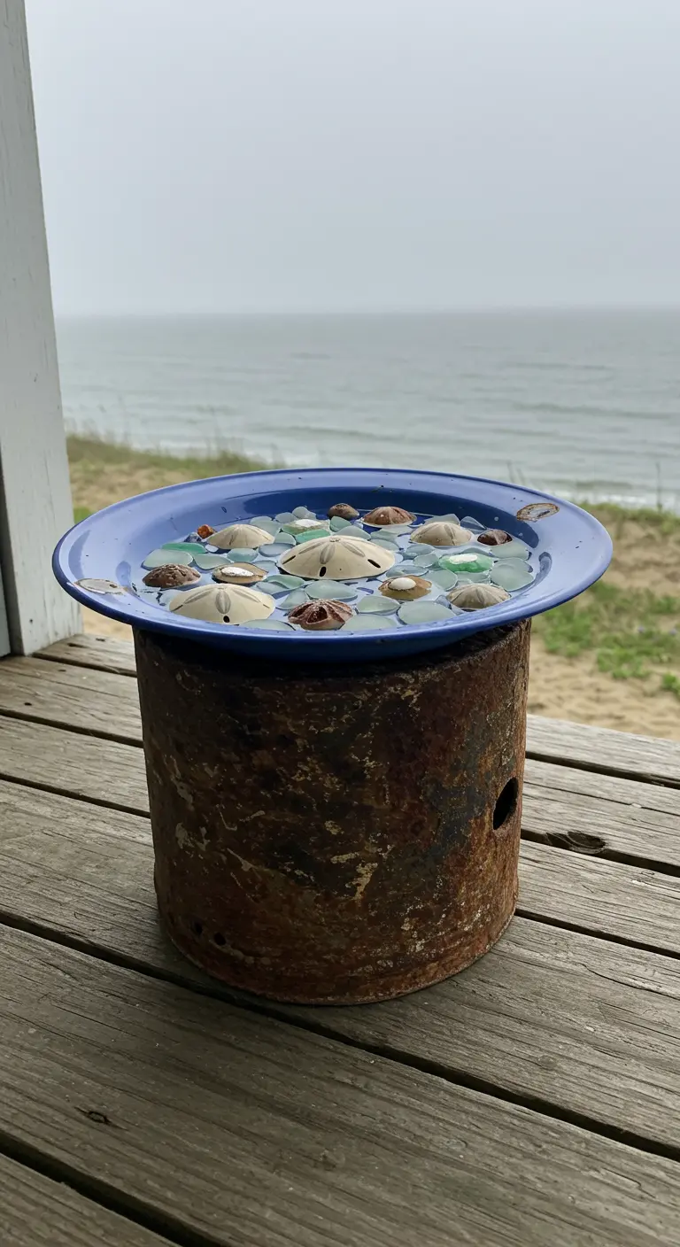 Blaue Emaille-Vogeltränke mit Muscheln auf einer rostigen Metalldose am Strand.