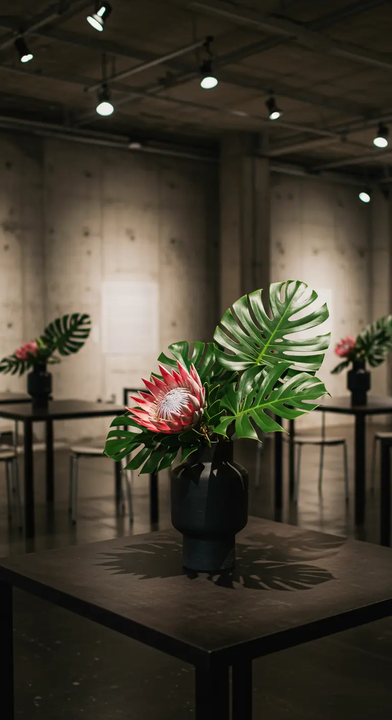 Eine einzelne Königsprotea mit Monstera-Blättern in einer mattschwarzen Vase.