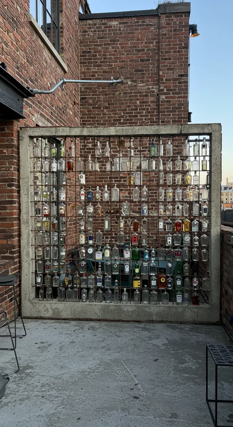Ein Sichtschutz aus verschiedenen Spirituosenflaschen in einem Beton- und Metallgitter auf einem urbanen Balkon.