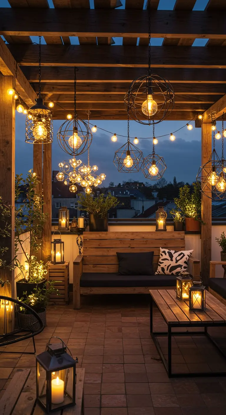 Holzpergola mit hängenden geometrischen Metalllampen und Lichterketten