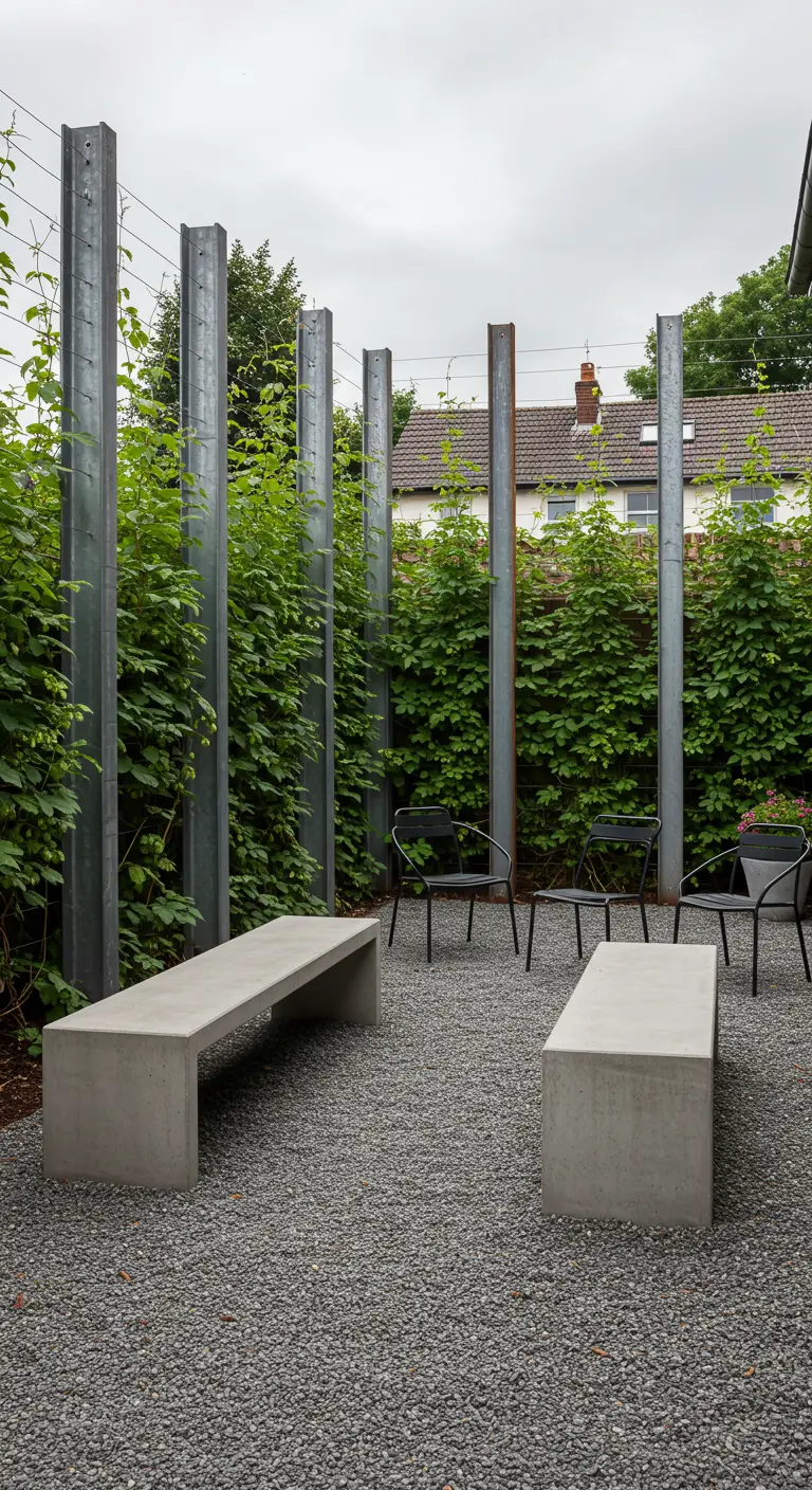 Minimalistischer Garten mit verzinkten Stahlträgern, an denen Hopfen wächst, und Betonbänken.