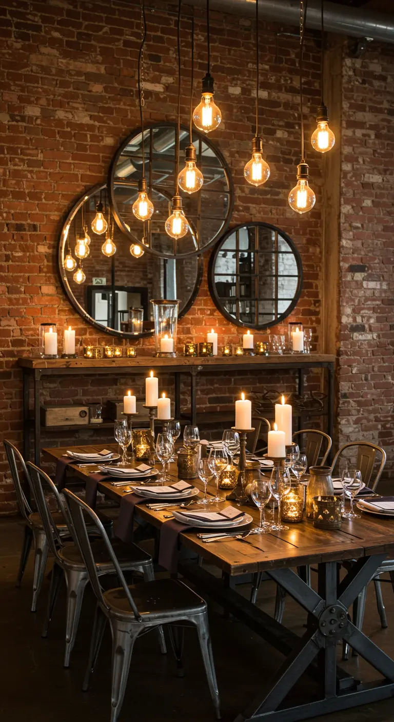 Industrieller Essbereich mit runden Spiegeln an einer Backsteinwand und viel Kerzenlicht