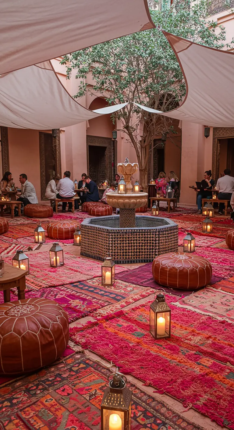 Marokkanischer Innenhof mit einem Mosaikbrunnen, umgeben von roten Teppichen und Poufs.