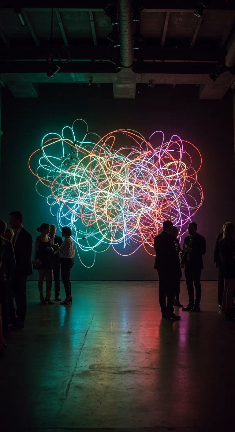 Eine große, abstrakte Lichtskulptur aus verschlungenen Neonröhren an einer dunklen Wand.