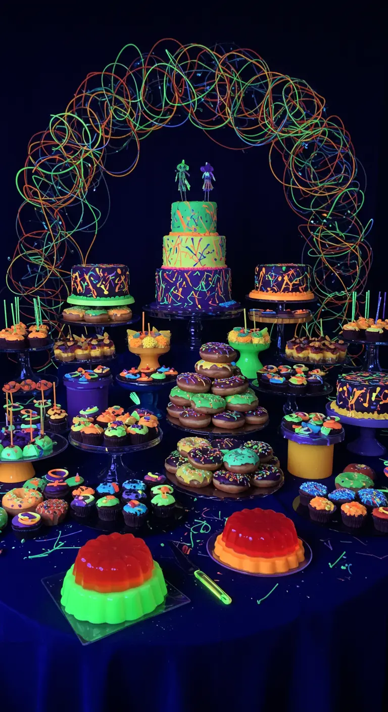 Ein Desserttisch voller leuchtender Kuchen und Donuts unter Schwarzlicht, eingerahmt von einem Neon-Bogen.