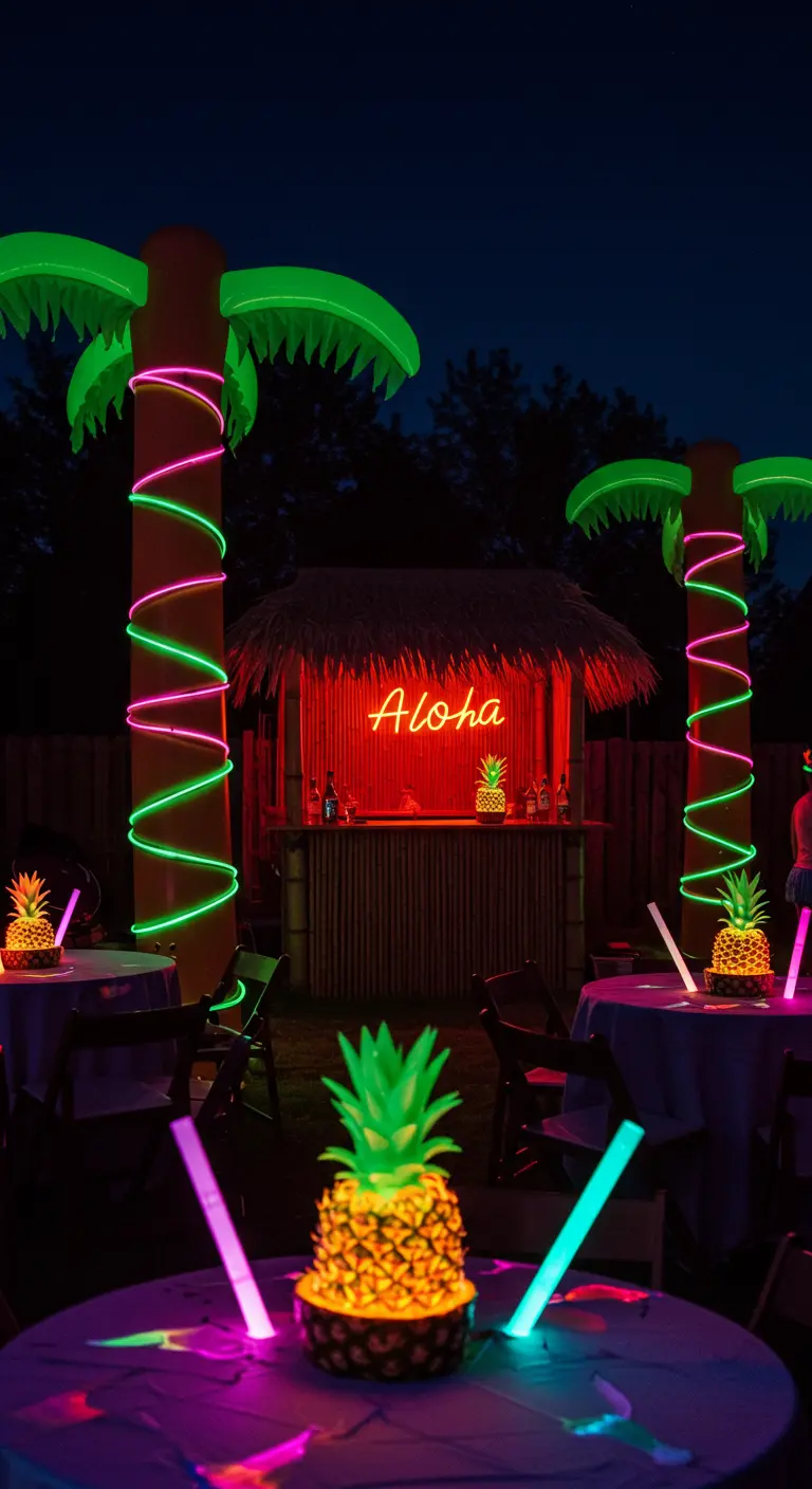 Eine Tiki-Bar im Garten bei Nacht, beleuchtet von einem „Aloha“-Schild und leuchtenden Palmen.