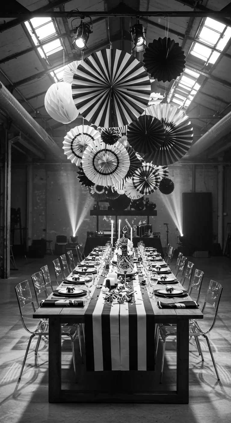 Lange Festtafel in einer Industriehalle mit einer Wolke aus schwarz-weißen Papierfächern an der Decke