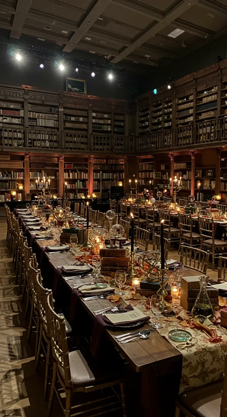 Lange Tafel in einer Bibliothek, dekoriert mit Büchern, Globen und schwarzen Kerzen.