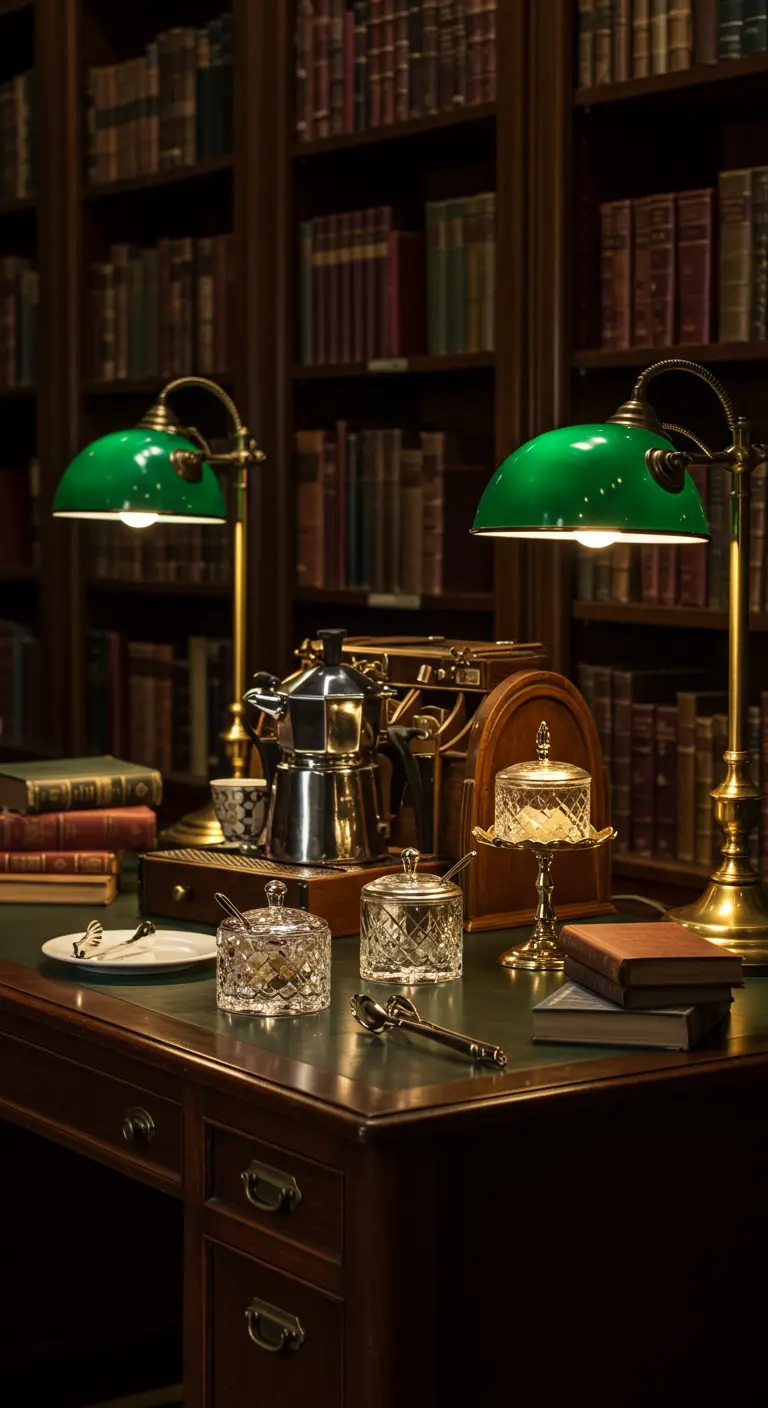 Elegante Kaffeebar auf einem Schreibtisch in einer Bibliothek mit Banker-Lampen und Kristallschalen.