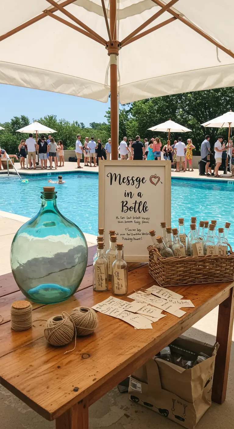 Ein Tisch am Pool mit kleinen Flaschen und Zetteln für eine Flaschenpost-Aktion.