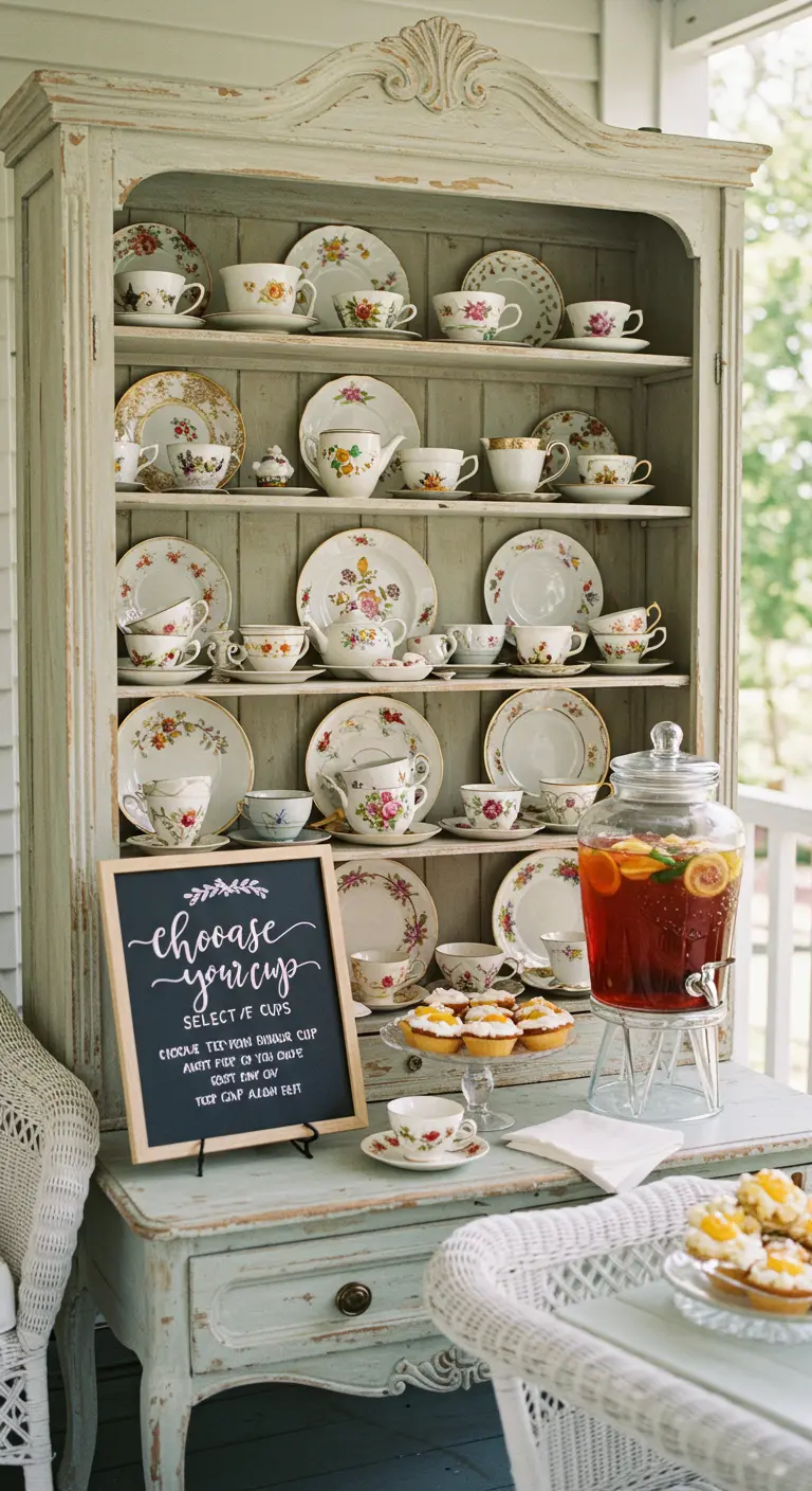 Vintage-Buffetschrank mit einer Sammlung von Teetassen und einem Schild „Wähle deine Tasse“.