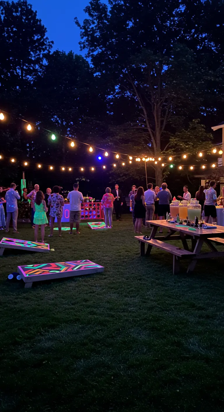Gartenparty bei Nacht mit leuchtenden Cornhole-Spielen und Lichterketten