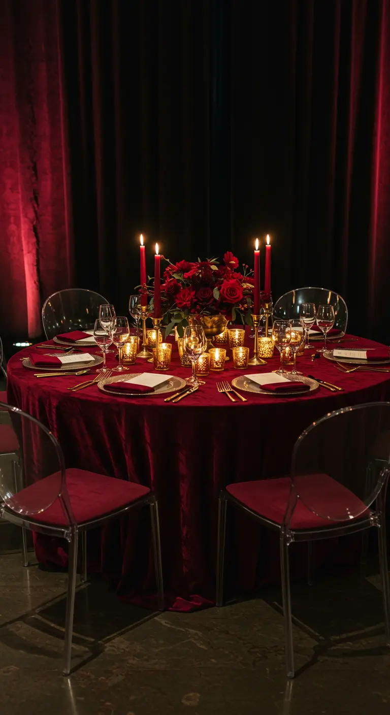 Runder Tisch mit roter Samtdecke, bedeckt mit goldenen Kerzenhaltern und rotem Blumenarrangement
