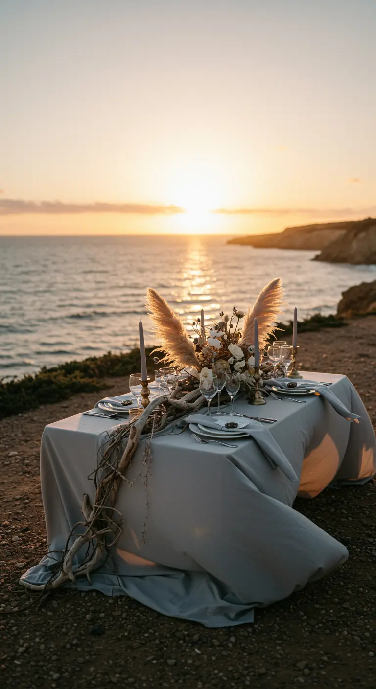 Tisch für zwei am Meer mit einem Centerpiece aus Trockenblumen und Treibholz bei Sonnenuntergang