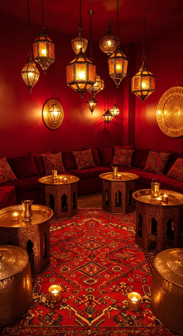 Roter Raum mit Samtsofas, Messingtischen und einer Gruppe hängender Bernstein-Laternen.