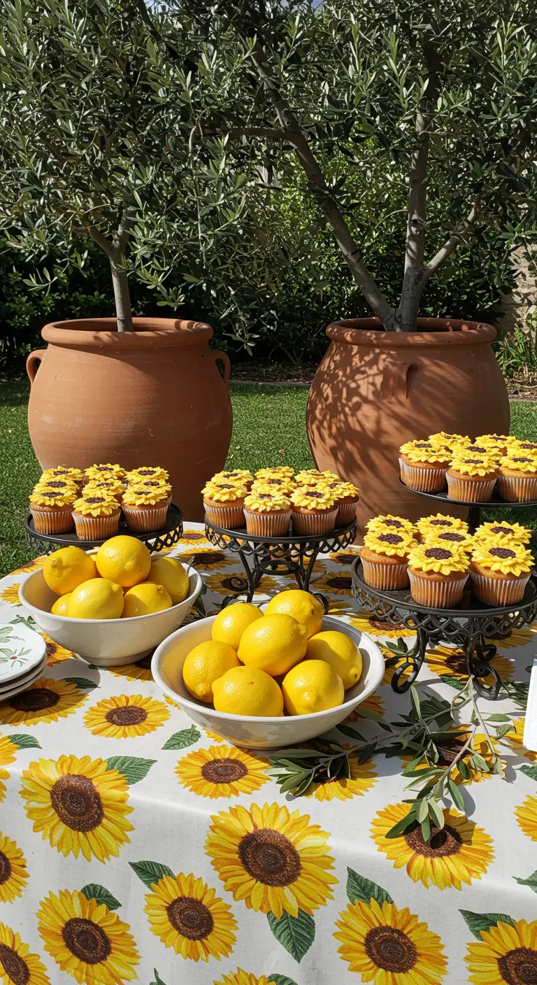 Tisch mit Sonnenblumen-Muster, Zitronen und Cupcakes im Sonnenblumen-Look.