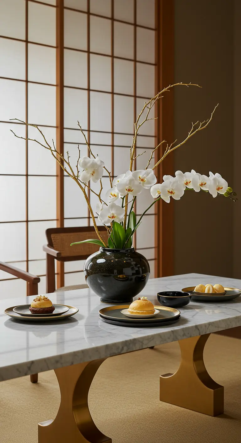 Minimalistischer Marmortisch mit einem Ikebana-Gesteck aus weißen Orchideen