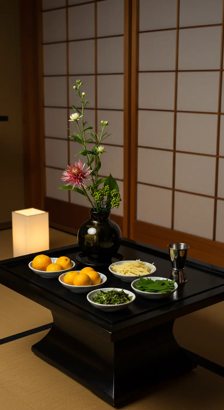 Minimalistisches japanisches Garnish-Arrangement mit einer Ikebana-Vase auf einem niedrigen Tisch.