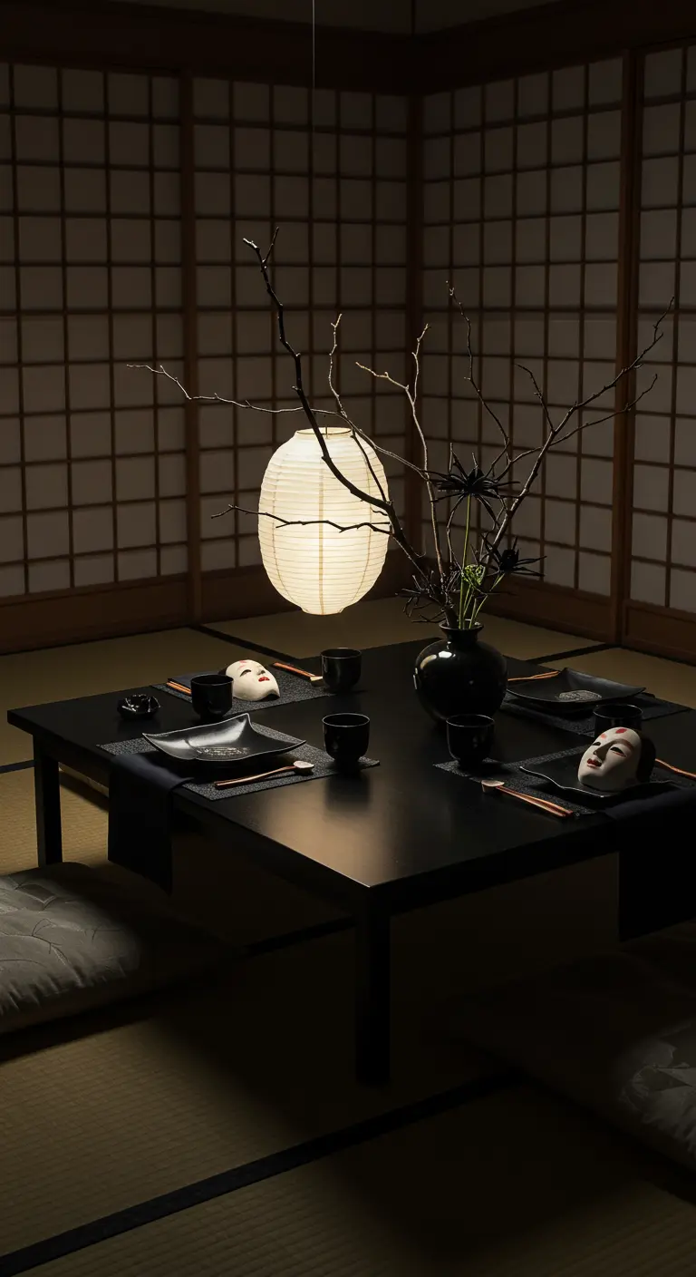 Niedriger schwarzer Tisch im japanischen Stil mit kahlen Ästen und weißen Masken.