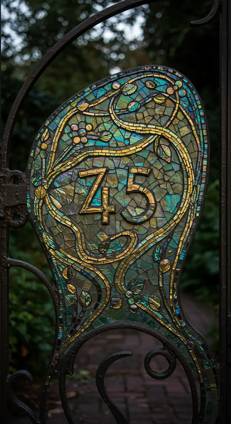 Aufwendiges Jugendstil-Mosaik mit der Zahl 45 aus schimmerndem Glas an einem schmiedeeisernen Tor.
