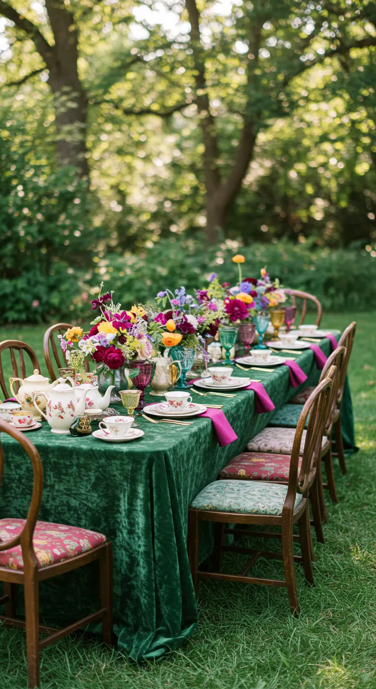 Üppig gedeckter Gartentisch mit grünem Samt und bunten Teetassen-Blumenarrangements.