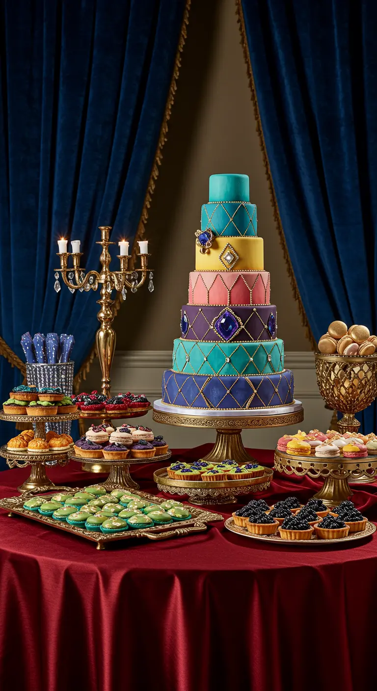 Prächtige, mehrstöckige Torte in Juwelenfarben mit goldenen Details.