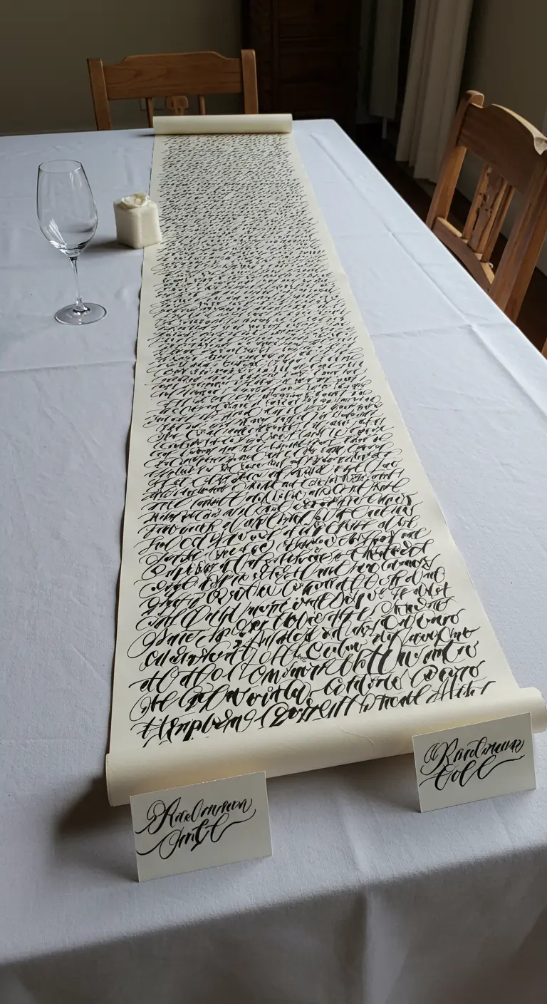 Eine lange Papierrolle mit Kalligrafie als kunstvoller Tischläufer für ein Menü.