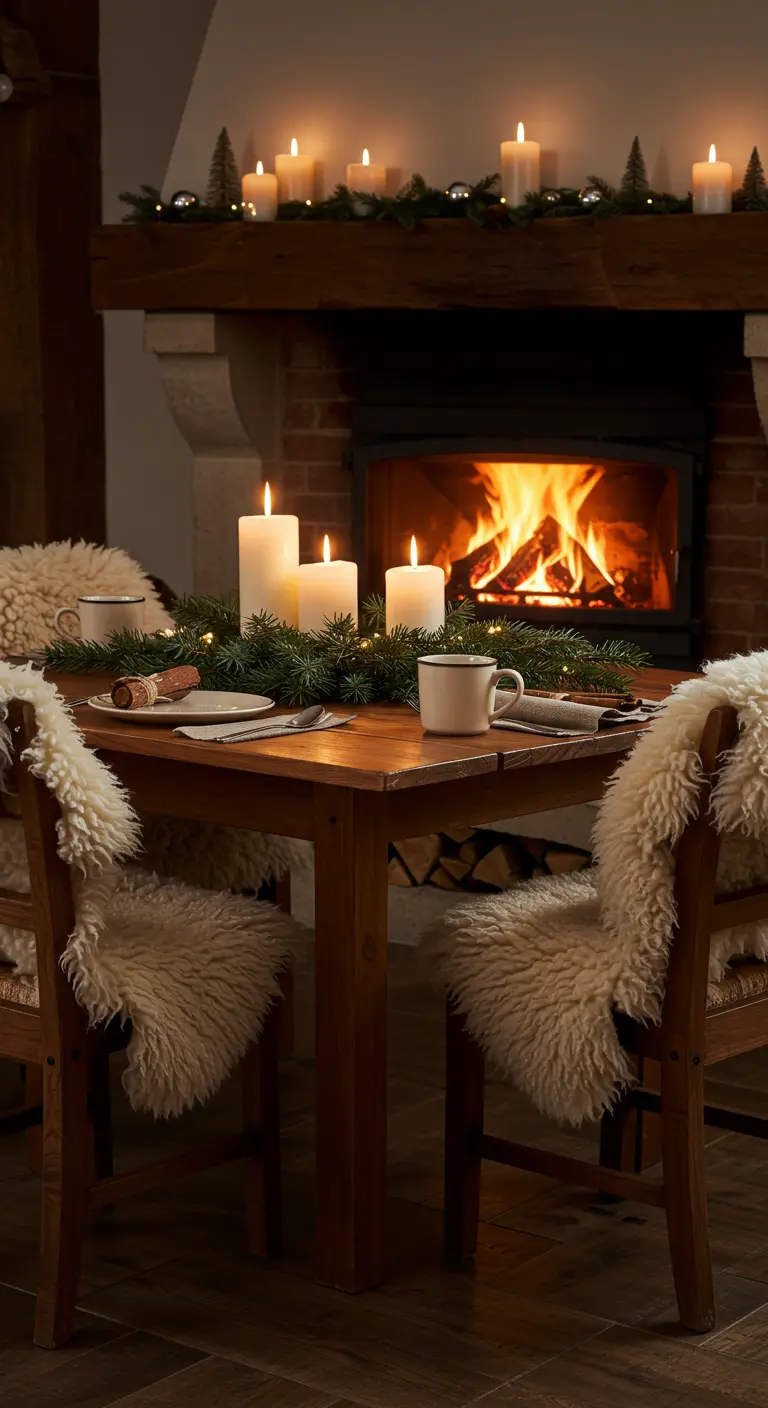 Gemütlicher Holztisch mit Schaffellen vor einem knisternden Kaminfeuer.