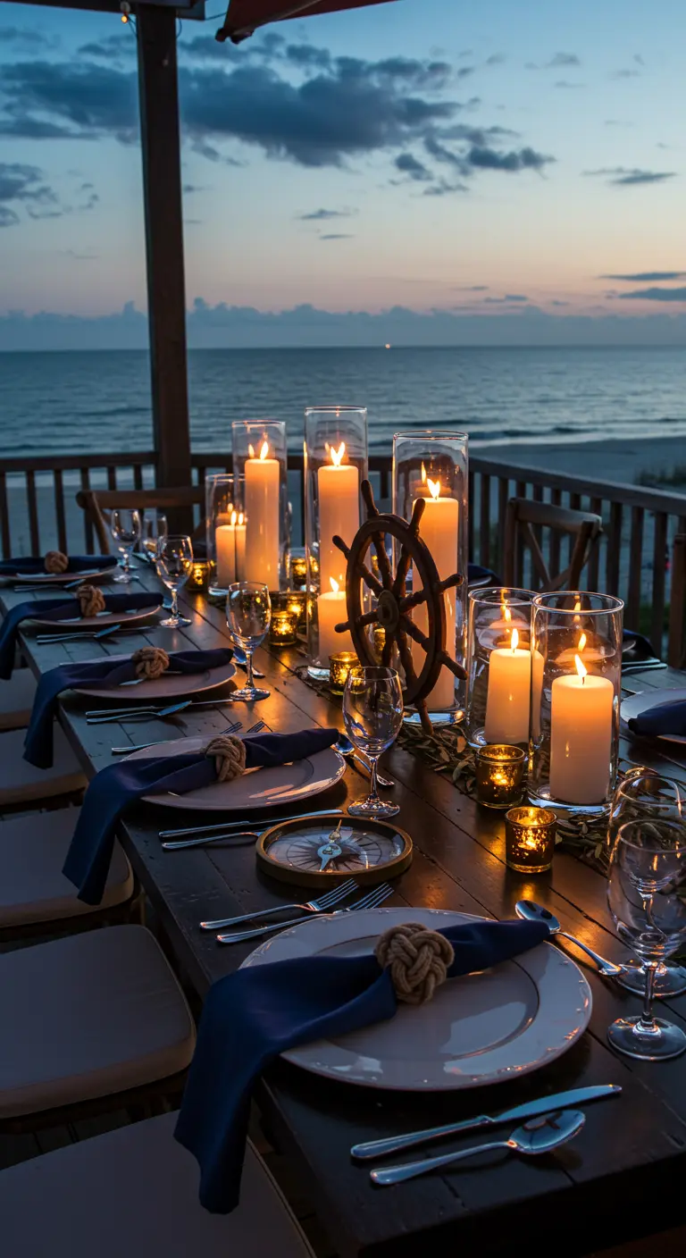 Elegant gedeckter Tisch am Meer bei Dämmerung mit vielen Kerzen und einem Steuerrad.