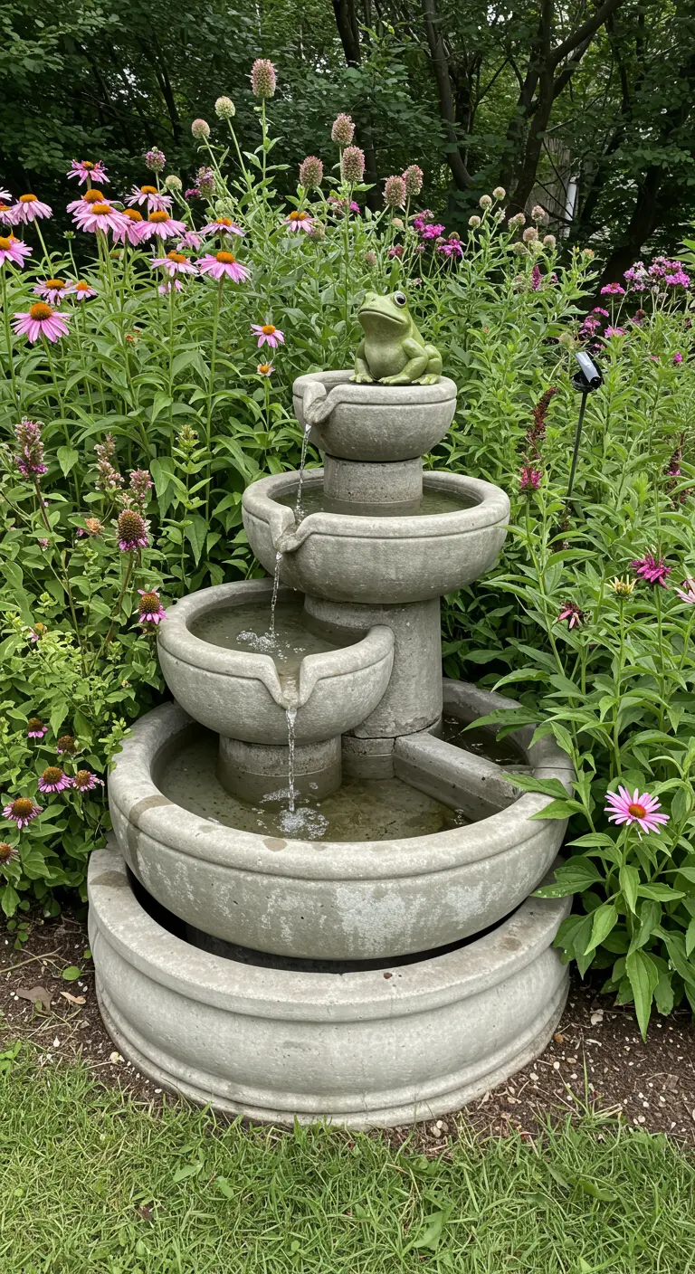 Ein vierstufiger Betonbrunnen mit einer Froschfigur, umgeben von blühendem Sonnenhut.