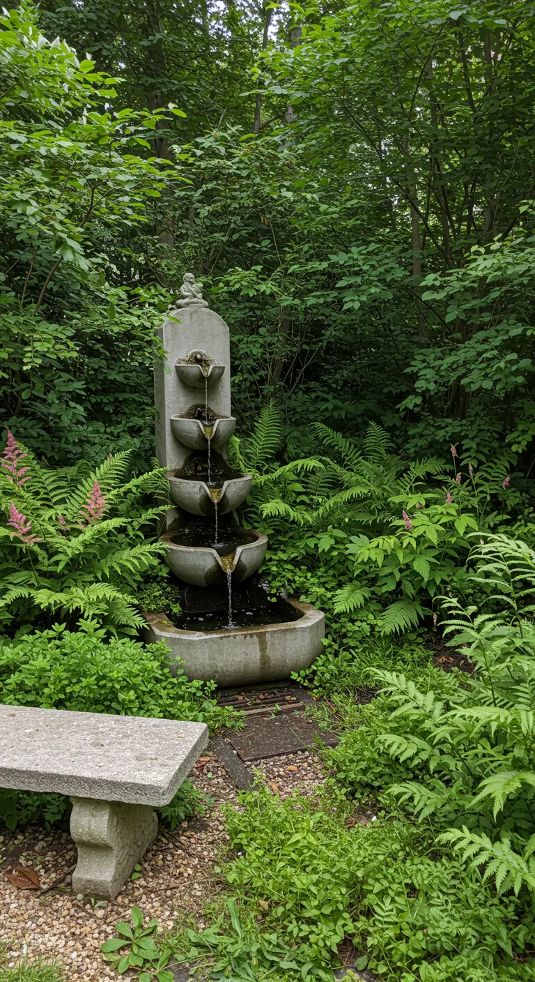 Ein mehrstufiger Betonbrunnen, der tief in einem Beet aus üppigen, grünen Farnen steht.